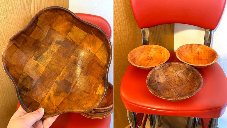 Set of parquet wooden serving salad bowls