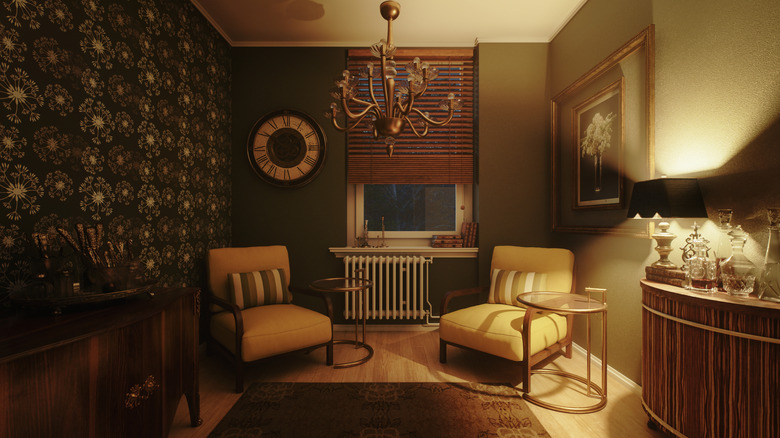 A sitting area with furniture and wall decor.