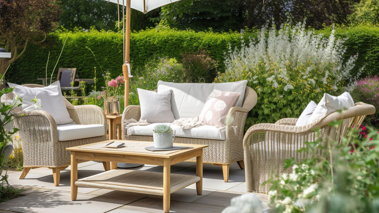 elegant backyard with full wicker furniture set and white cushions with throw pillows