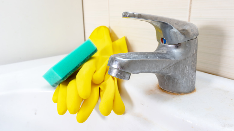 Cleaning supplies and rusty faucet 