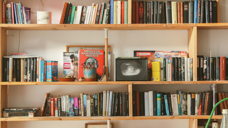 Bookshelf filled with books as well as other items like games, etc.