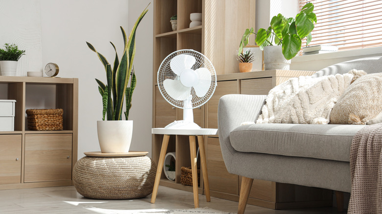 Electric fan in boho style living room
