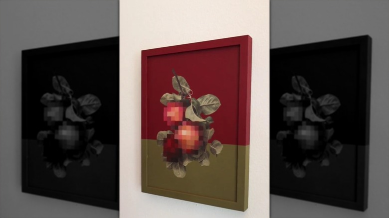 A two-toned painting featuring a still life