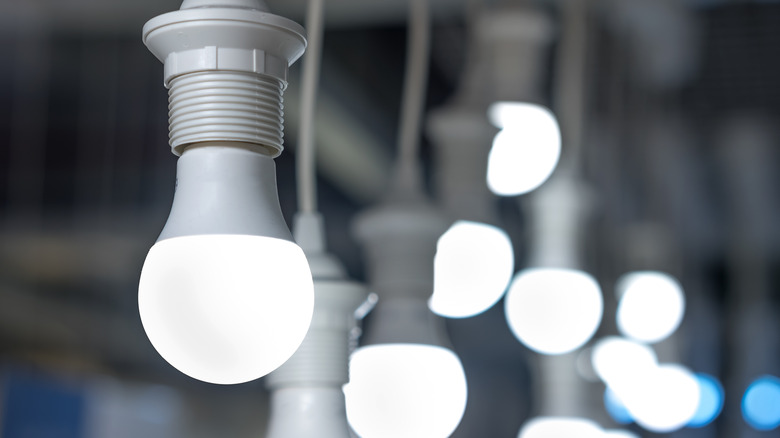 Bright white light bulbs hanging from ceiling