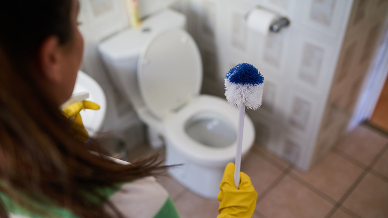 Woman holding toilet brush in bathroom