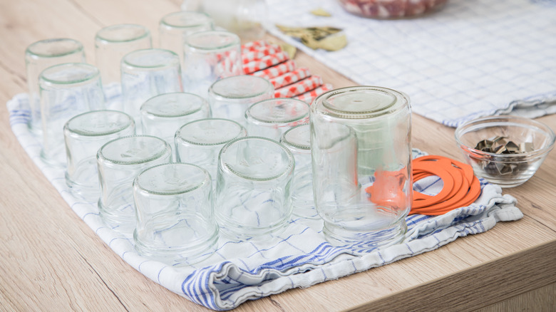 Washed glass jars on counter