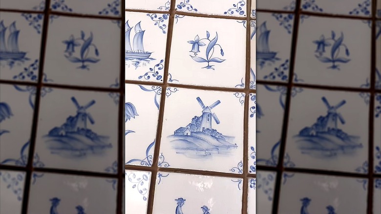 White and blue delft tiles with visible grout lines