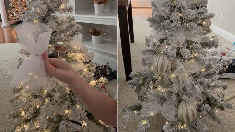 White deco mesh used to fill in gaps in a Christmas tree