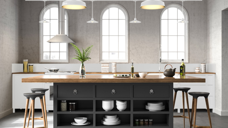 Island with shelves of dishes