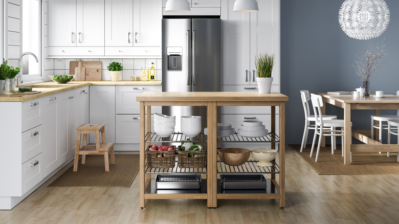 Wooden kitchen island with shelves