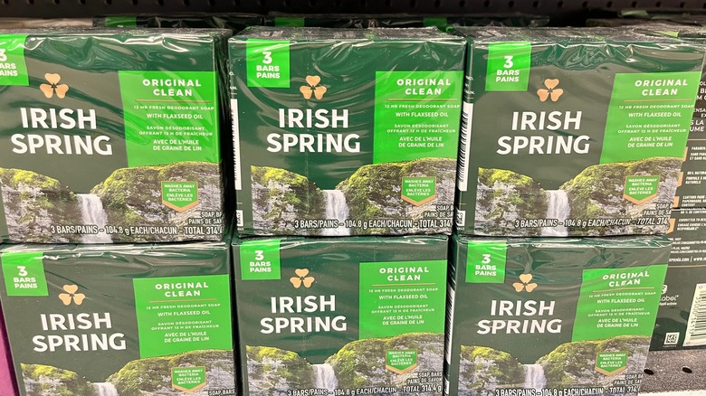 A bunch of Irish Spring bar soap in a grocery store