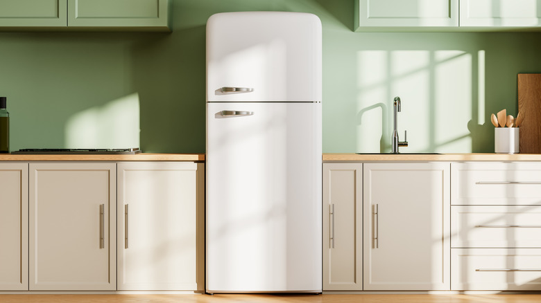 Green and beige kitchen with focus on vintage fridge