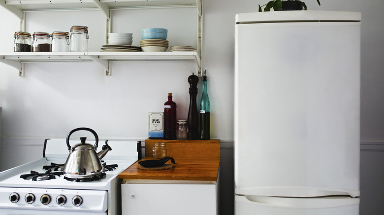 Boring fridge in small kitchen