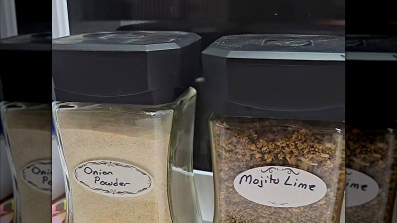 Glass coffee jars upcycled into spice containers