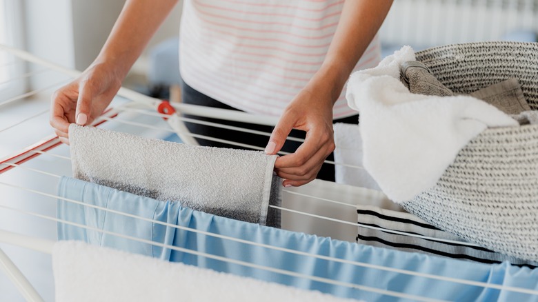 Clothes on drying rack