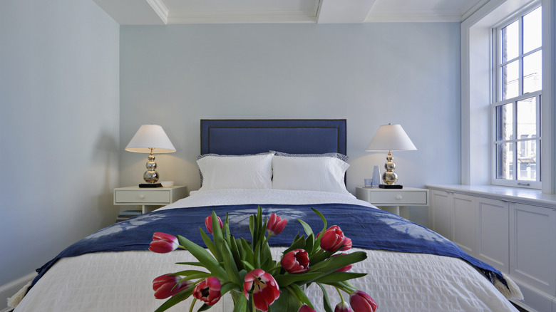 A bedroom with a dark blue bed and ice blue walls