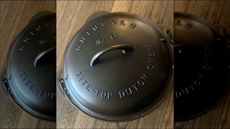 A Griswold Tite-Top cast-iron Dutch oven with the lid on and a No 8 engraving to indicate size.