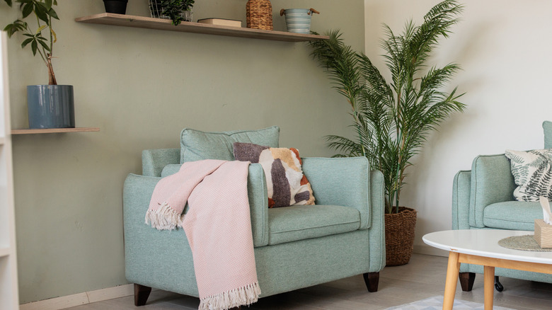 A living room with a green wall and blue chair