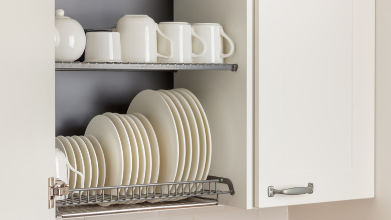Kitchen cabinet with all-white dishes