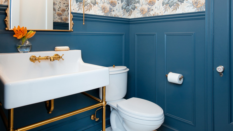 Close-up of a sink in a blue-colored powder room