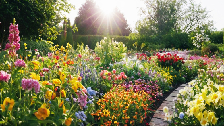 The sun rises over a colorful spring garden