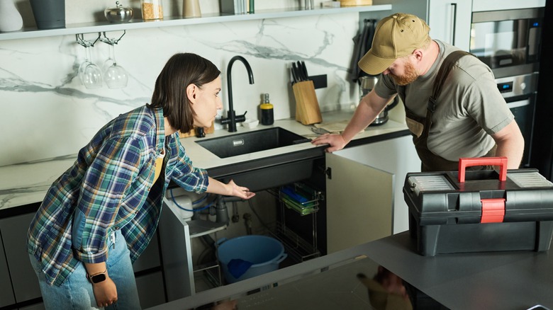 homeowner telling plumber about pipe issue under sink