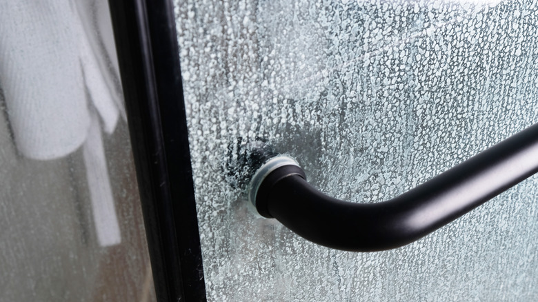 A build-up of limescale on a shower door