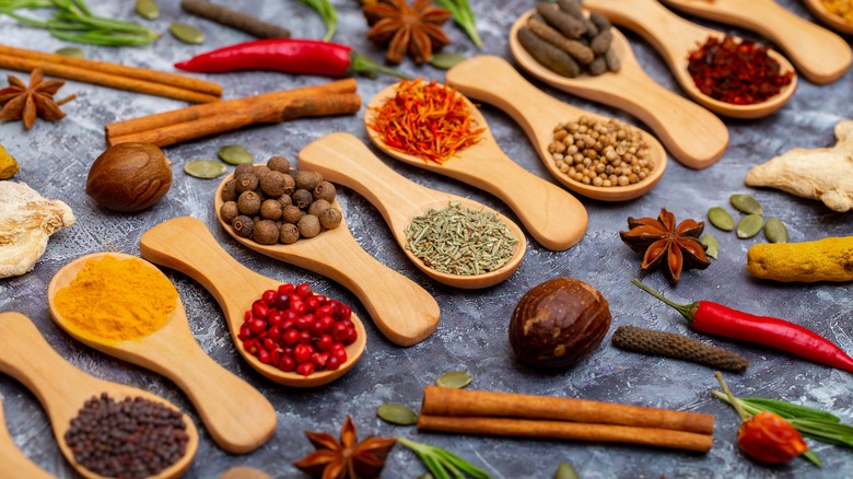 Spoons with different spices