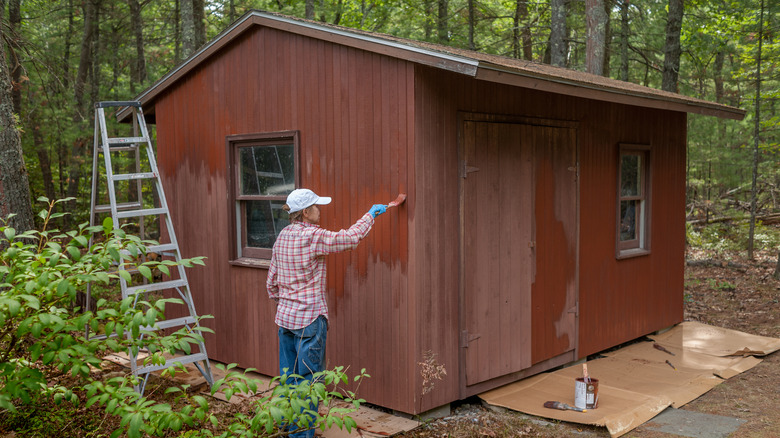 A woman painting wood shed in her backyard