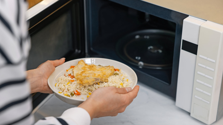 Person putting food in the microwave