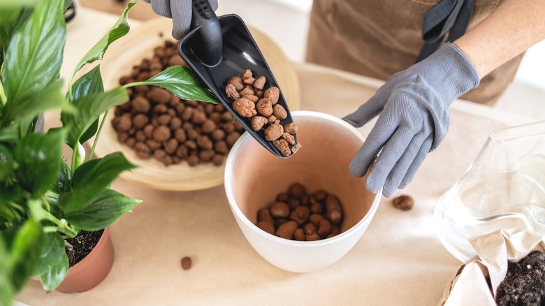 person adding clay rocks to pot
