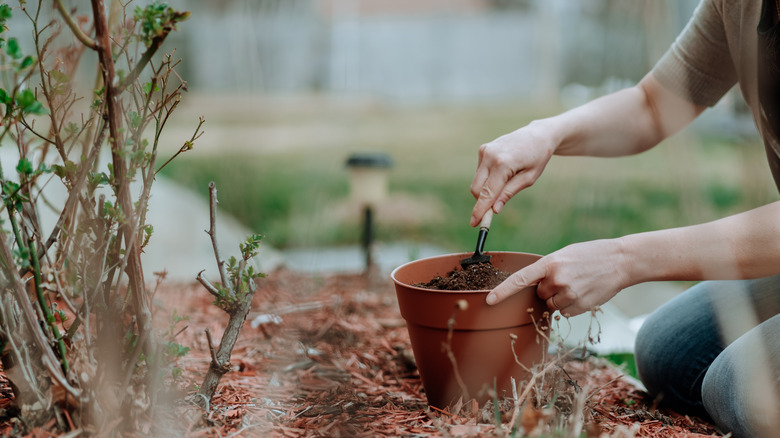 A woman mixing soil in a pot