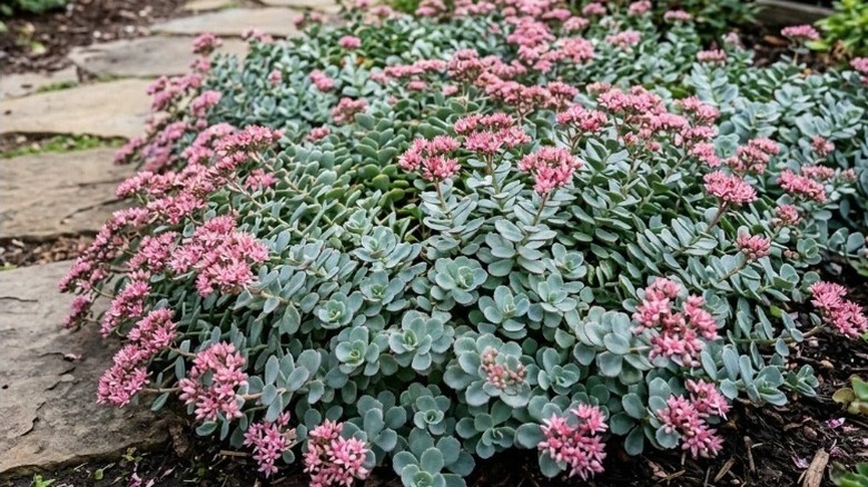 A 'Steel the Show' sedum growing in a mound in a garden bed with silvery leaves and pink flowers.