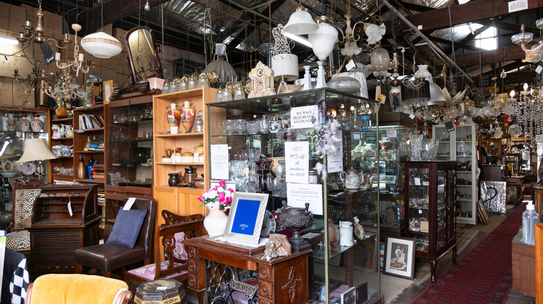 A mix of antique and vintage items in a thrift shop.