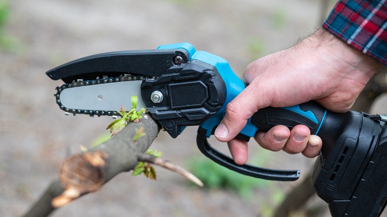person cutting branch with mini chainsaw
