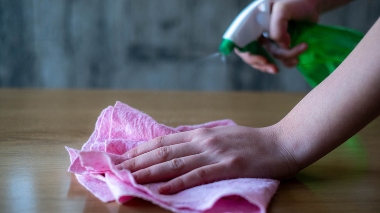 One hand sprays cleaner onto a tabletop, while the other wipes it down with a dishcloth.
