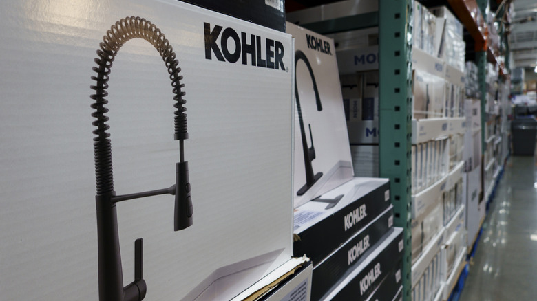 The Kohler Provo Semi-Pro Kitchen Faucet stocked on shelves at Costco.