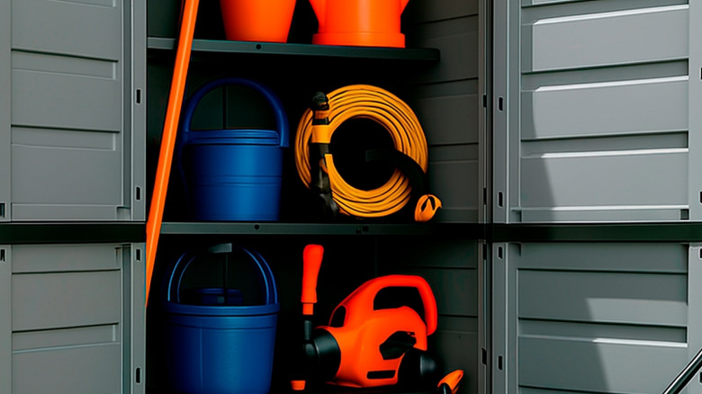 Gardening supplies inside a shed