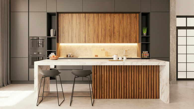 Modern kitchen with wood and stone