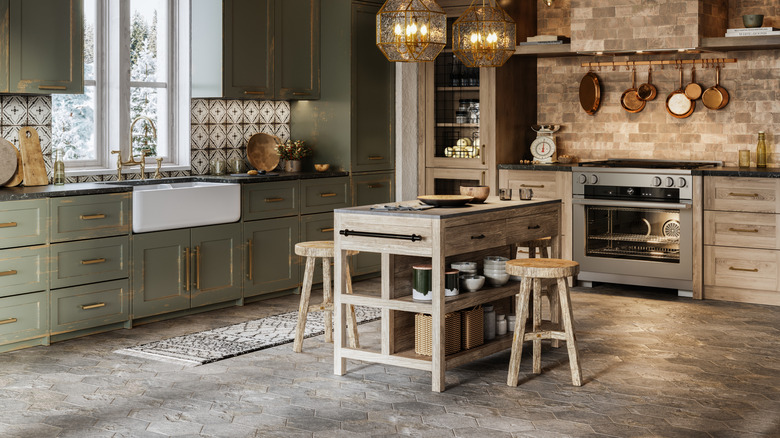 Storybook cottage kitchen with stone and green and wood accents