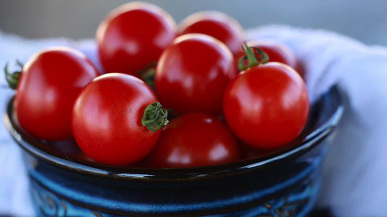 BadaBing! F1 tomatoes in a blue bowl on a counter
