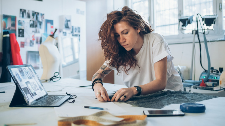 A woman working with fabric
