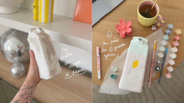Decorations on milk carton-shaped vase made with air dry clay.