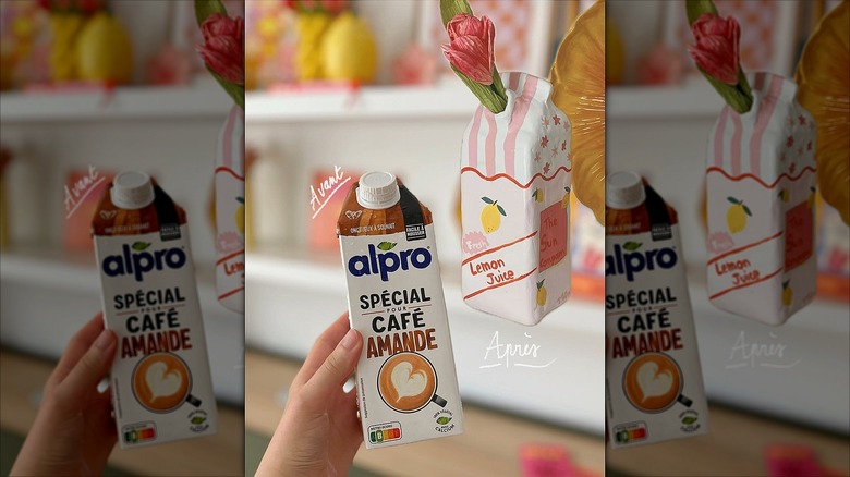 A before and after photo of a small milk carton turned into a decorative vase.