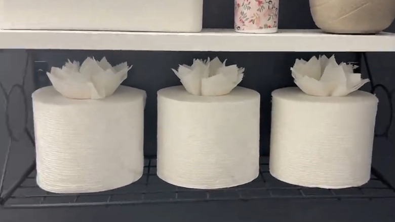 Fancy toilet paper designs on display