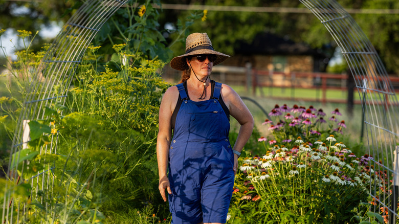 A gardener looks out over her flower-filled backyard and garden as she walks under a metal archway.