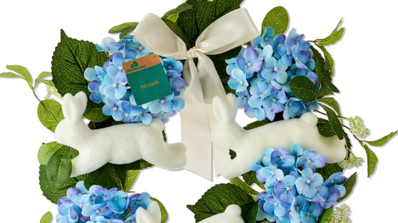 Blue hydrangea and white bunny wreath