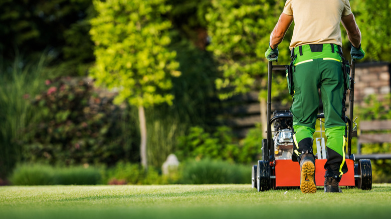 Worker in green safety gear operating a red lawn mower while cutting grass in a garden