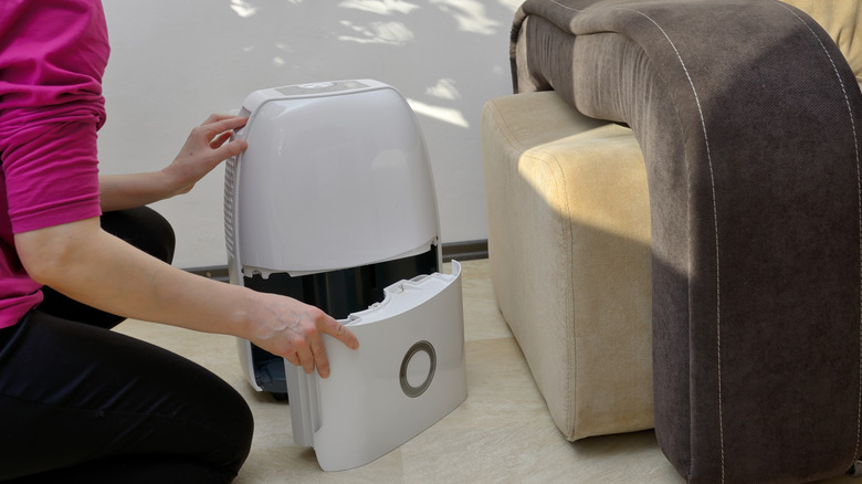 Person opening water collection canister on portable dehumidifier