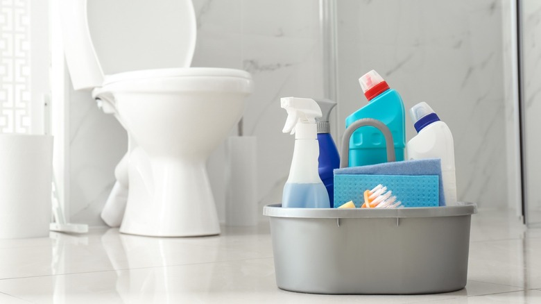 Cleaning products next to a toilet